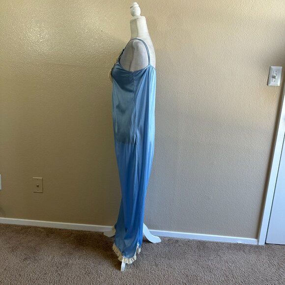 Mistra Vtg 80s Light Blue Ruffle Bibe Embroidered Floral Maxi Nightgown - Picture 5 of 8